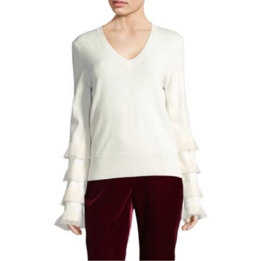 Derek Lam 10 Crosby V-neck long-sleeve wool blend sweater tiered ruffled trim